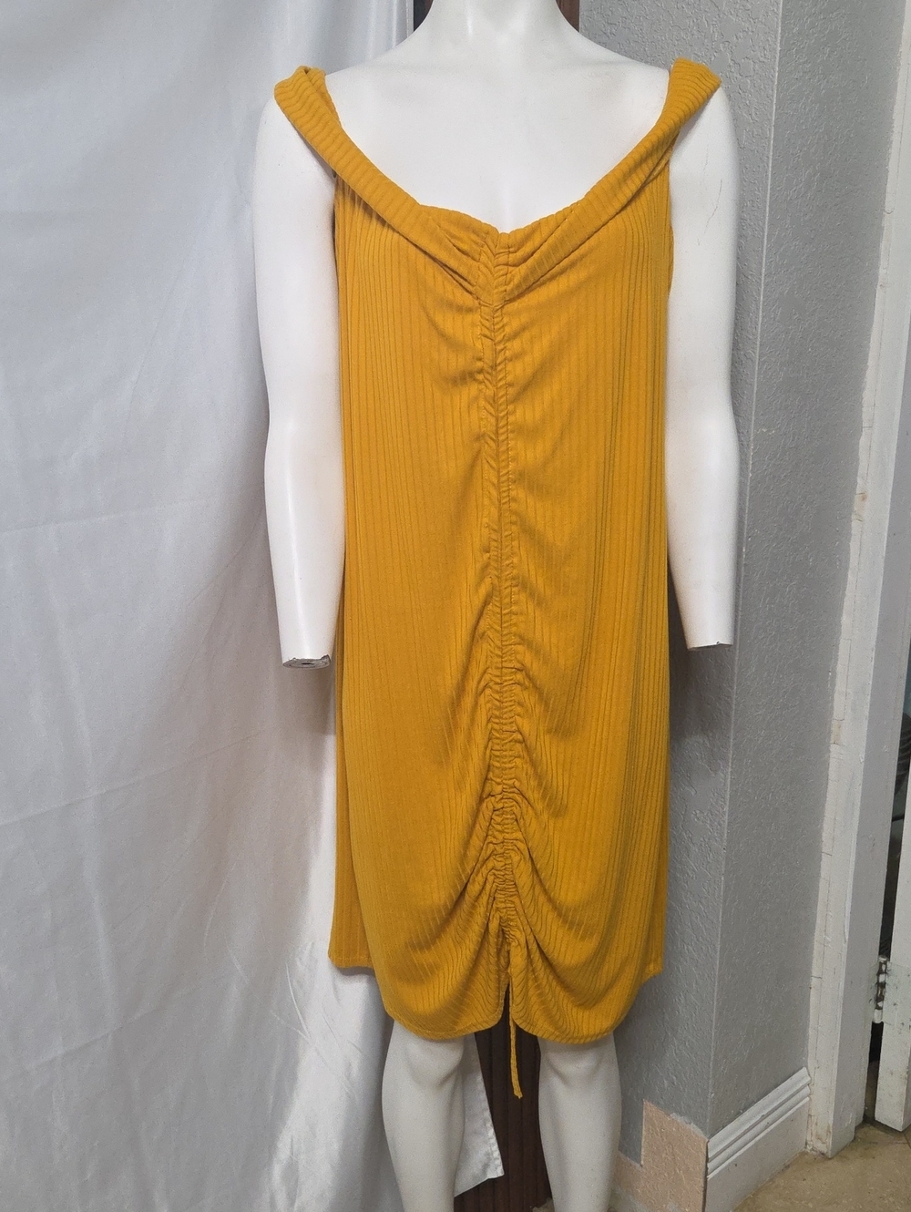 Off-Shoulder Ruched Mini Dress in Mustard Yellow 3xlarge